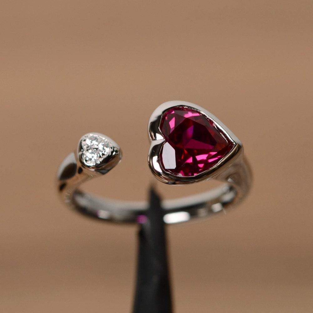 Lab Ruby Ring Heart Engagement Ring Silver Heart Shaped Gemstone July ...