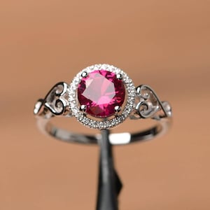 Lab ruby ring engagement promise ring round cut ring silver ring July birthstone red gemstone ring image 1