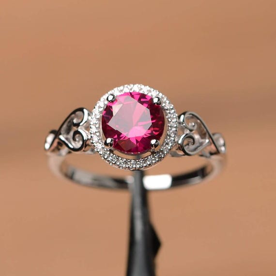 Lab ruby ring engagement promise ring round cut ring silver ring July birthstone red gemstone ring