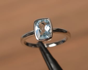 March birthstone aquamarine ring blue gemstone solitaire ring bezel setting ring engagement ring