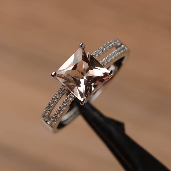 natural pink morganite ring engagement wedding ring princess cut sterling silver ring gemstone ring