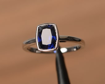 blue sapphire anniversary rings cushion cut blue gemstone rings September birthstone sterling silver rings promise ring for women