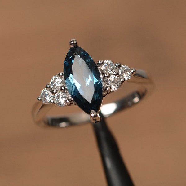 London blue topaz ring marquise cut blue gemstone ring sterling silver ring bridal ring