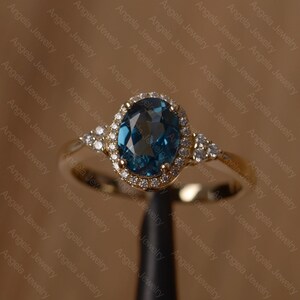 London blue topaz ring oval cut promise engagement ring yellow gold ring blue gemstone ring