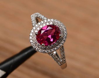 Bague de mariage avec rubis rouge de laboratoire Bague en argent sterling Pierre de naissance rouge de taille ovale Bague avec pierre de naissance de juillet