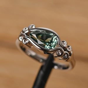 unique green sapphire filigree engagement ring silver pear cut 6x9 mm art deco ring