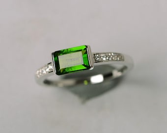 natural diopside ring emerald cut ring green gemstone sterling silver ring promise ring chrome diopside engagement ring for her