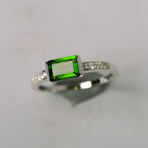 natural diopside ring emerald cut ring green gemstone sterling silver ring promise ring chrome diopside engagement ring for her