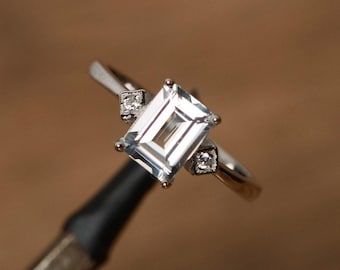 white topaz ring sterling silver ring emerald cut topaz gemstone ring promise ring for her