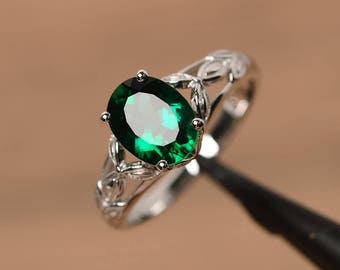 lab green emerald ring promise wedding ring oval cut sterling silver ring gemstone ring May birthstone ring