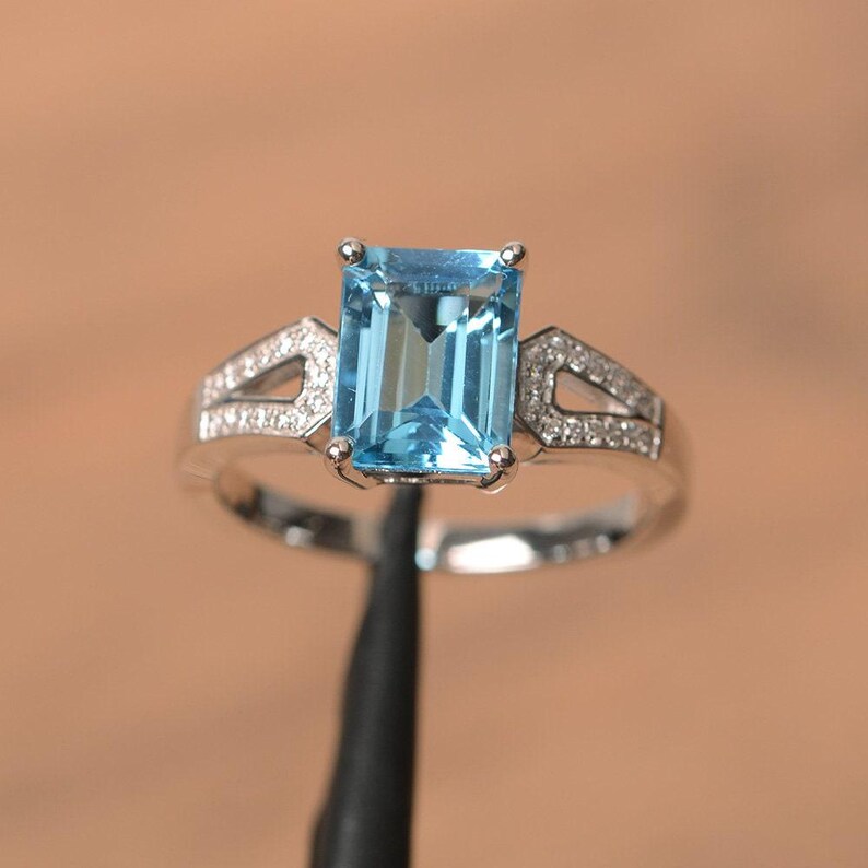 Swiss Blue Topaz Ring Emerald Cut Blue Gemstone Sterling Silver ...