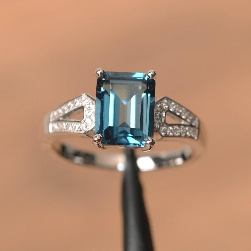 London Blue Topaz Ring Emerald Cut Engagement Ring for Women - Etsy