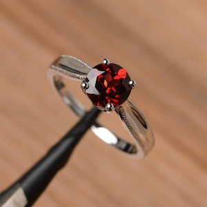 garnet ring silver round cut solitaire engagement ring for women January birthstone