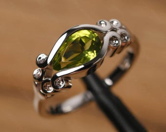 Custom peridot filigree engagement ring sterling silver pear shape August birthstone ring