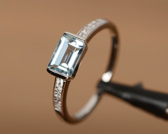 Natural  aquamarine anniversary ring half bezel setting emerald cut March birthstone ring