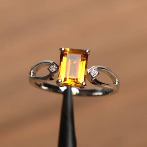 citrine ring emerald cut November Birthstone yellow gemstone ring sterling silver engagement ring