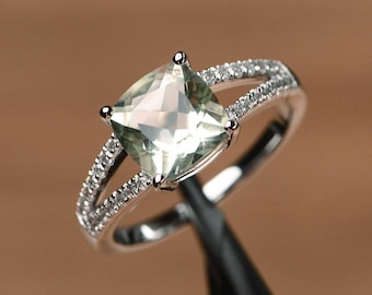 natural green amethyst ring cushion cut ring gemstone engagement ring sterling silver ring