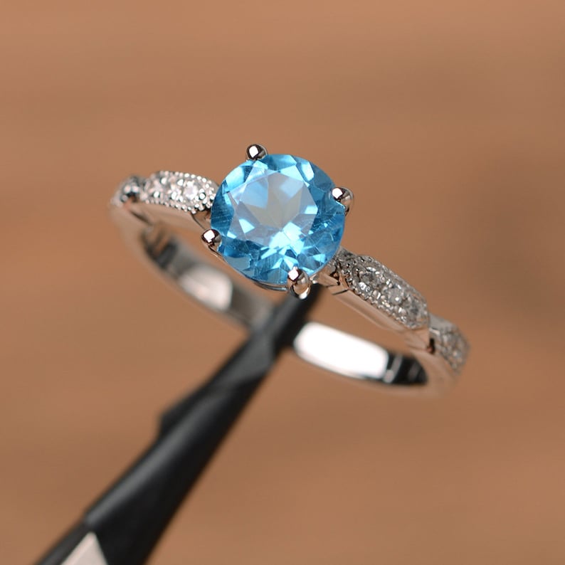 Swiss blue topaz ring prong setting engagement ring brilliant | Etsy