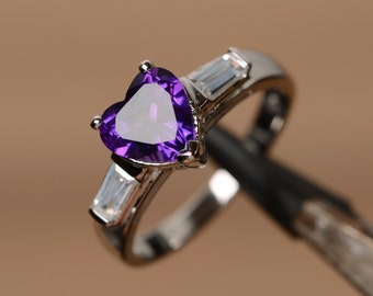 February birthstone ring natural amethyst ring sterling silver engagement ring baguette ring sterling silver gemstone purple amethyst