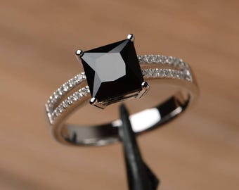 genuine black spinel split band promise ring princess cut sterling silver statement ring