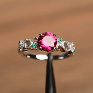 lab ruby ring round cut red gemstone July birthstone ring sterling silver engagement ring for women