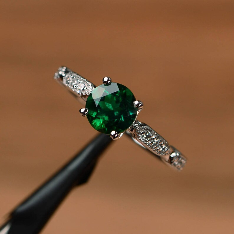 Lab Emerald Ring Round Cut Engagement Rings Sterling Silver Etsy