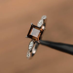 natural smoky quartz rings wedding rings brown gemstone rings square cut rings sterling silver rings wedding gifts