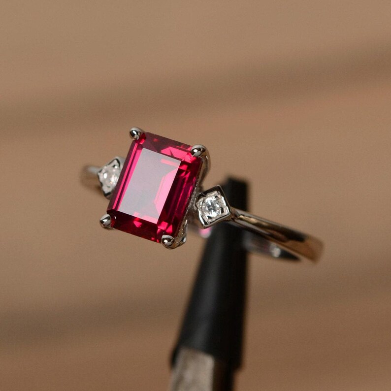lab ruby ring emerald cut gemstone ring July birthstone ring promise ring for her multistone ring image 3