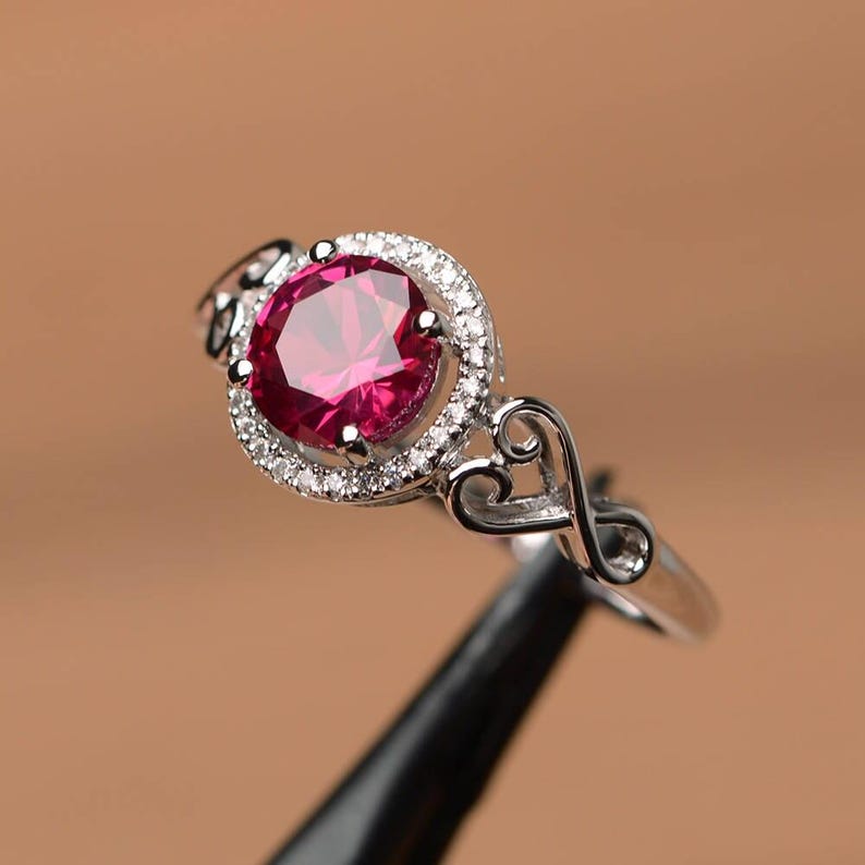 Lab ruby ring engagement promise ring round cut ring silver ring July birthstone red gemstone ring image 2
