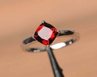 garnet ring January birthstone cushion cut red gemstone ring sterling silver engagement ring