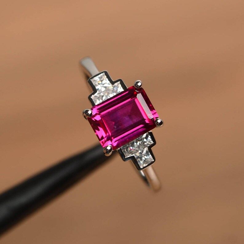 ruby proposal ring red ruby silver ring emerald cut red gemstone sterling silver gifts July birthstone
