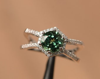 split shank green sapphire halo wedding ring round shaped sterling silver hexagon ring
