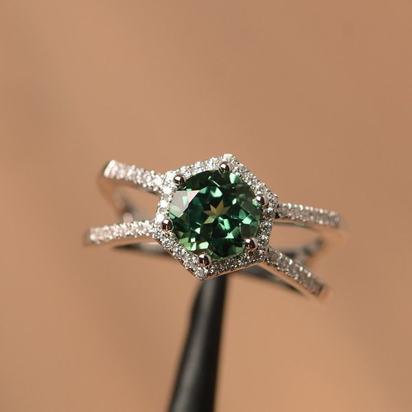 split shank green sapphire halo wedding ring round shaped sterling silver hexagon ring