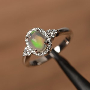 natural opal ring silver halo ring oval cut white opal engagement ring natural gemstone rings for women October birthstone image 1