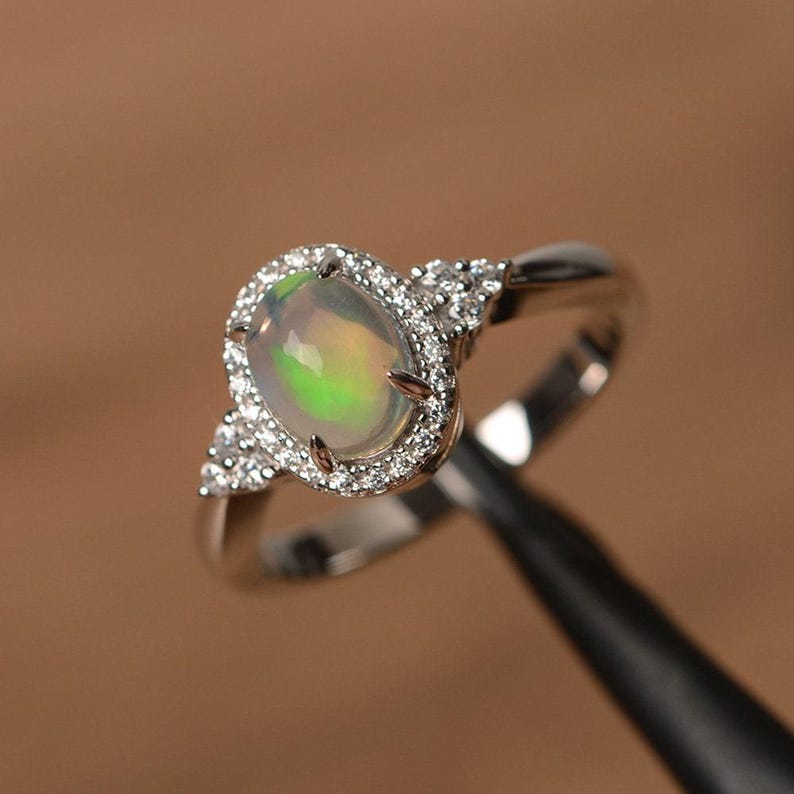 natural opal ring silver halo ring oval cut white opal engagement ring natural gemstone rings for women October birthstone image 1