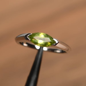 natural peridot ring silver marquise cut horizontal setting solitaire engagement ring August birthstone