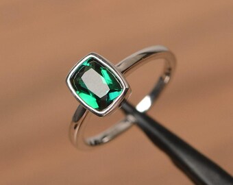 lab emerald ring May birthstone cushion cut green gemstone sterling silver solitaire ring bezel setting ring
