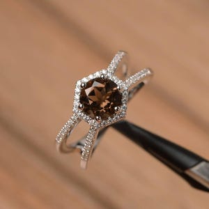 natural smoky quartz anniversary ring sterling silver round cut split band statement ring