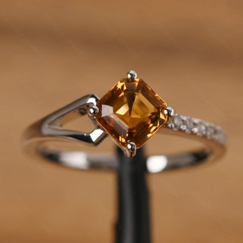 Natural Citrine Ring Emerald Cut November Birthstone Yellow Etsy
