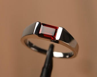 Garnet wedding solitaire ring sterling silver emerald cut horizontal ring January birthstone