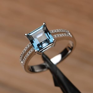 London blue topaz engagement ring square cut sterling silver split shank ring November birthstone