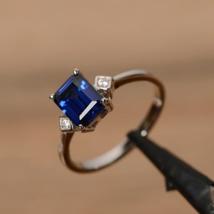 Blue sapphire engagement ring September birthstone emerald cut simple wedding ring image 3