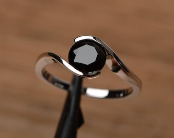 natural black spinel ring solitaire engagement ring for women sterling silver bezel setting