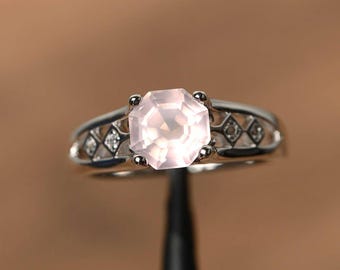 cocktail party rings natural pink quartz rings octagon cut pink gemstone solid silver rings romantic gifts