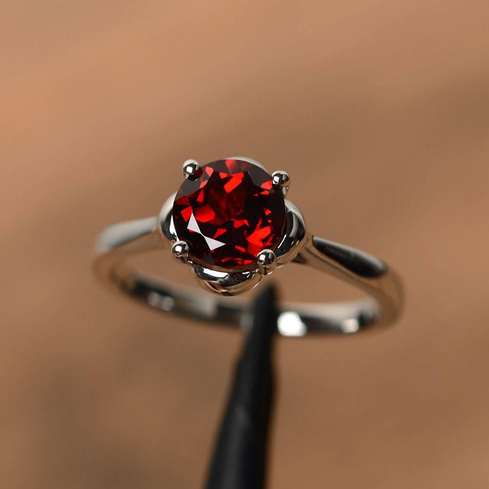 natural garnet rings unique engagement rings red gemstone round cut rings silver rings January birthstone