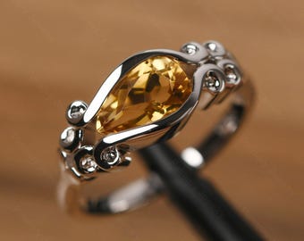 Anillo de propuesta vintage de citrino en plata de ley con piedra natal de noviembre en forma de pera