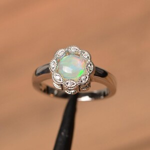 natural opal engagement ring round shaped vintage milgrain floral ring October birthstone