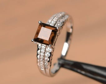 natural smoky quartz ring engagement ring square cut gems brown gemstone sterling silver ring