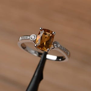 natural real citrine ring cushion cut November Birthstone yellow gemstone ring white gold engagement ring