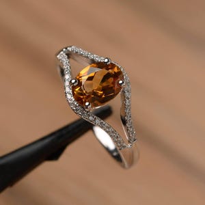 natural citrine ring oval cut yellow gemstone ring November Birthstone sterling silver wedding ring for women